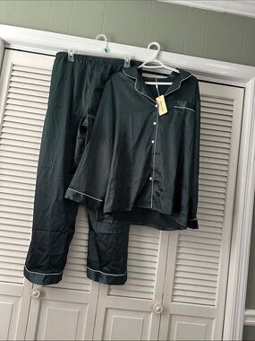 Women's Dark Green Satin Pajama Set with White Piping